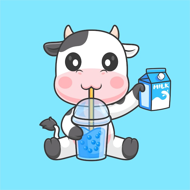 Vecteur gratuit une vache mignonne buvant du thé au lait de boba avec du lait illustration d'icône vectorielle de dessins animés boisson animale isolée