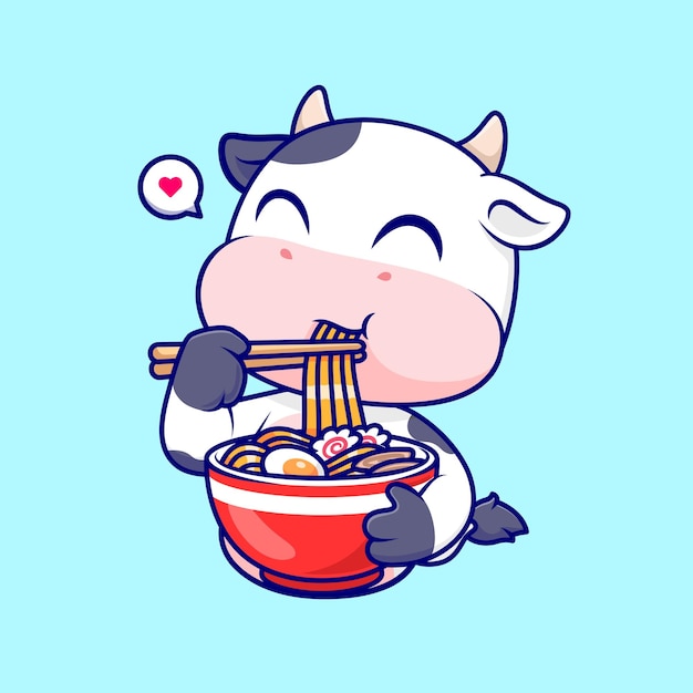 Vecteur gratuit vache mignonne mangeant des nouilles ramen dessin animé vecteur icône illustration nourriture animale icône concept isolé plat