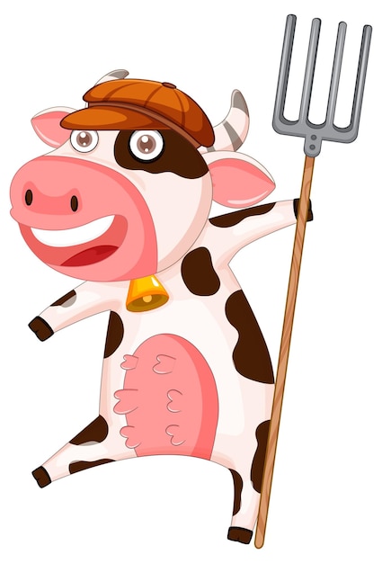Vecteur gratuit une vache tenant un personnage de dessin animé de râteau