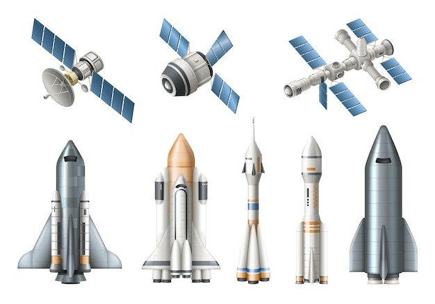 Vecteur gratuit vaisseau spatial réaliste serti de station spatiale de navette satellite fusée isolée sur illustration vectorielle fond blanc