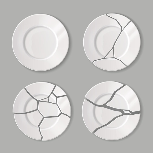 Vecteur gratuit vaisselle cassée réaliste sertie d'assiettes blanches isolées ininterrompues et fissurées sur illustration vectorielle fond gris