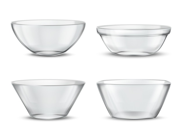 Vecteur gratuit vaisselle réaliste 3d réaliste, plats en verre pour différents aliments. conteneurs avec des ombres