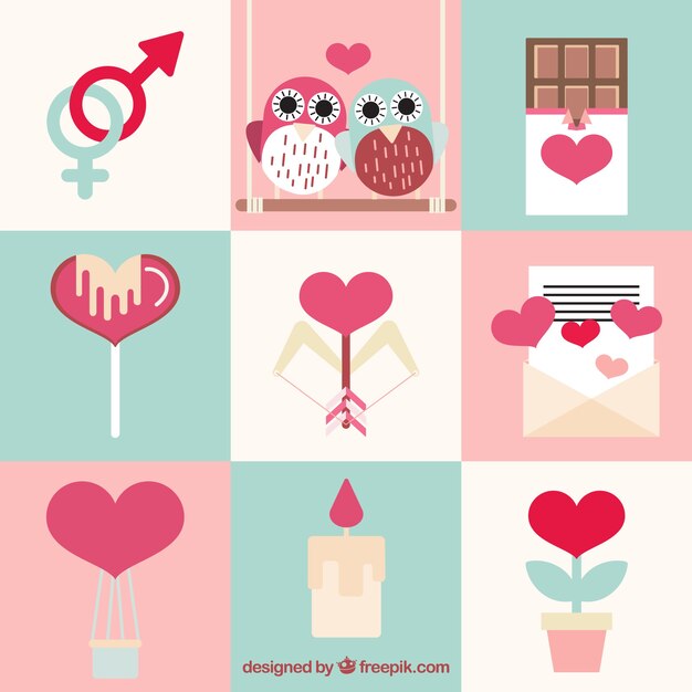 Valentines éléments d'une journée dans le style mignon