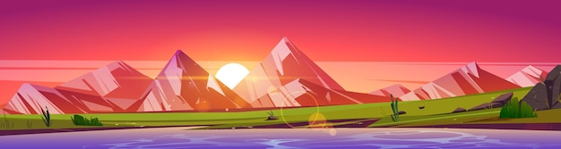 Vallée de montagne avec lac ou rivière au coucher du soleil