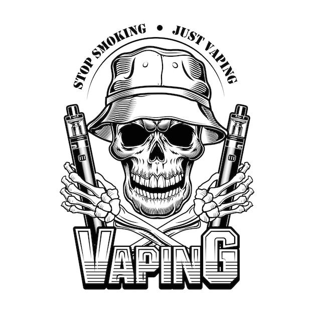 Vaping Crâne En Illustration Vectorielle Panama. Personnage Branché Au Chapeau Avec Des Cigarettes électroniques, Arrêtez De Fumer Du Texte