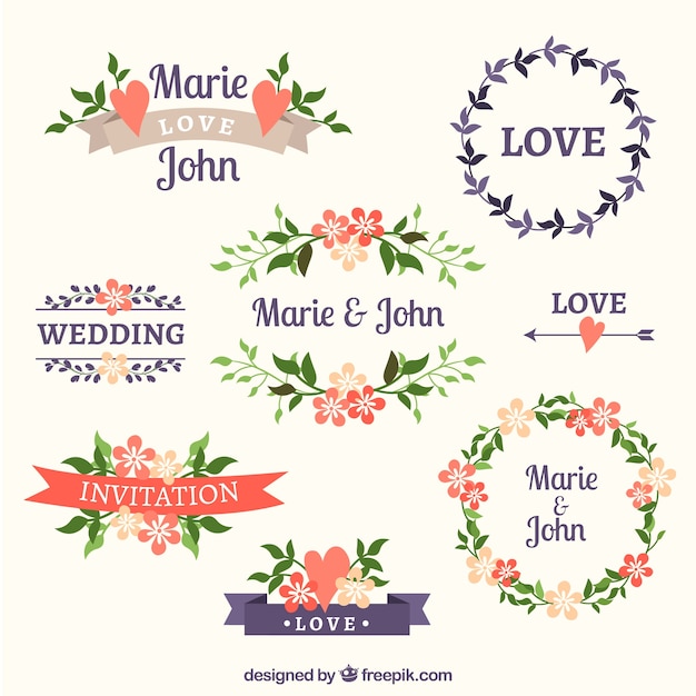 Vecteur gratuit variété de cadres de mariage floral