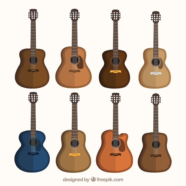 Vecteur gratuit variété de guitares acoustiques en conception plate