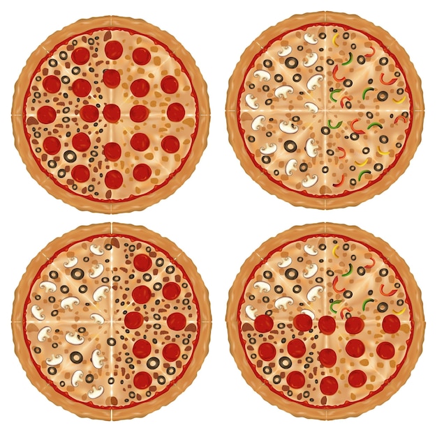 Vecteur gratuit une variété de pizzas délicieuses illustration vectorielle