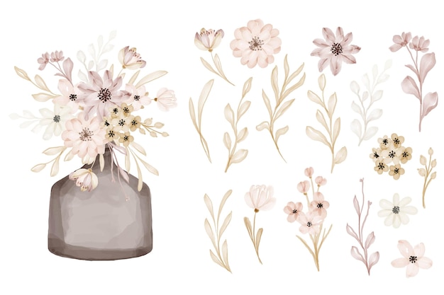 Vecteur gratuit vase avec bouquet de fleurs et feuilles de fleurs objet isolé clipart