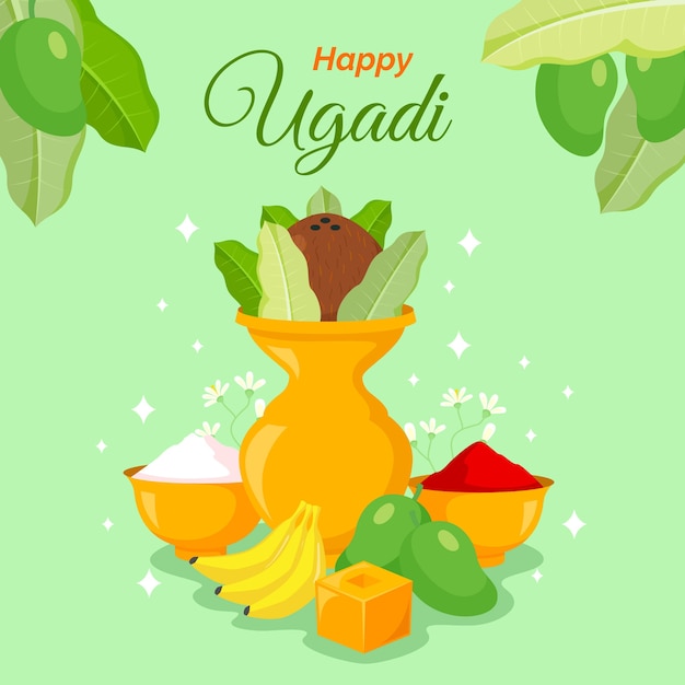 Vase Indien Ugadi Heureux Avec Des Fruits Et De La Poudre Colorée