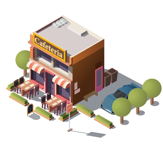Vecteur 3d cafétéria isométrique, restaurant avec véranda