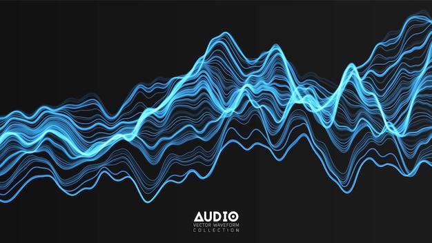 Vecteur 3d écho audio wavefrom spectre Musique abstraite ondes oscillation graphique Visualisation d'onde sonore futuriste Modèle d'impulsion rougeoyant bleu Échantillon de technologie de musique synthétique