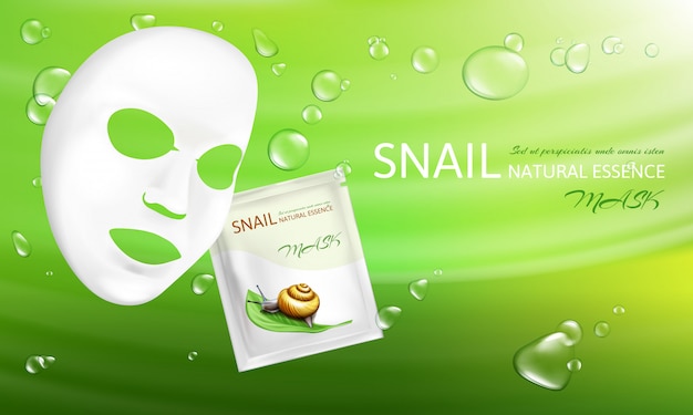 Vecteur gratuit vecteur 3d masque cosmétique facial feuille blanche réaliste avec mucus d'escargot.