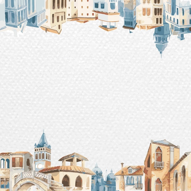 Vecteur de cadre avec des bâtiments architecturaux méditerranéens à l'aquarelle sur fond texturé papier blanc