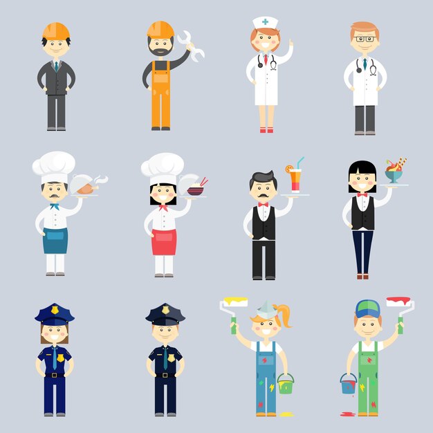 Vecteur de caractère professionnel masculin et féminin serti de médecin et d'infirmière cuisinier et chef serveur et serveuse sergents de police décorateurs d'intérieur et travailleurs de la construction