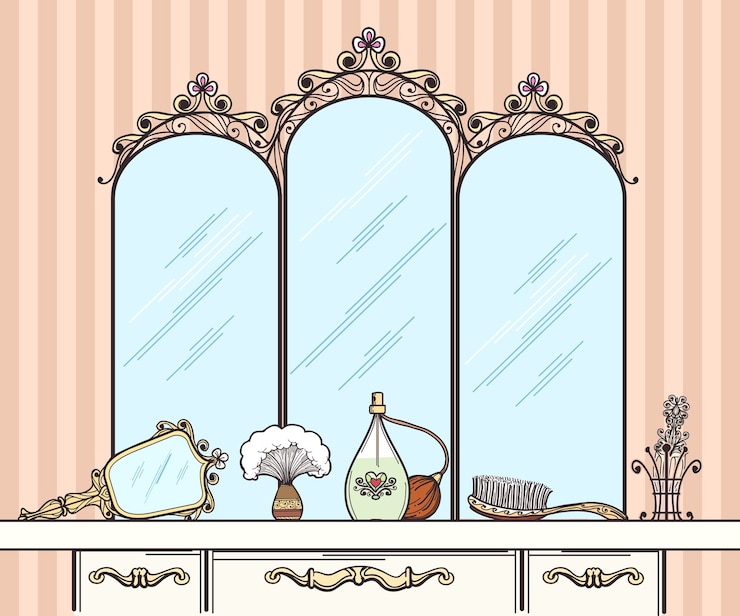 Vecteur gratuit vecteur de coiffeuse rétro. miroir et brosse à cheveux, parfums et cosmétiques. coiffeuse intérieure de meubles avec miroir en illustration vectorielle de style rétro