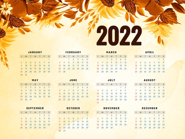 Vecteur De Conception De Fleur Aquarelle Calendrier Nouvel An 2022