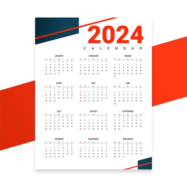 Vecteur gratuit vecteur de conception de mise en page de calendrier annuel du nouvel an blanc et rouge 2024