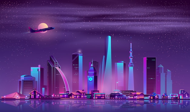 Vecteur de dessin animé cityscape nuit moderne métropole