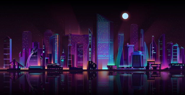 Vecteur de dessin animé néon paysage de nuit Metropolis