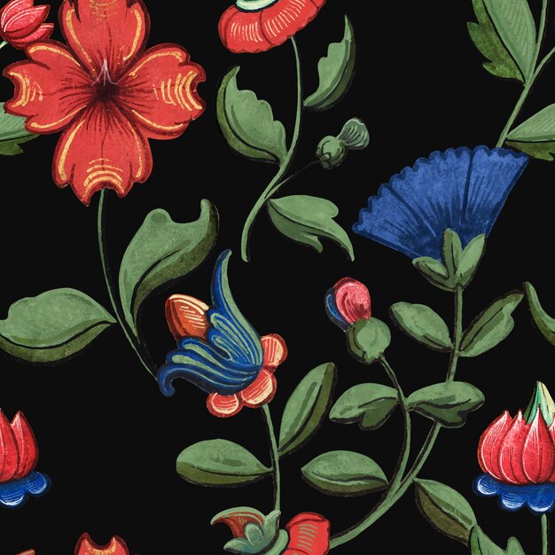 Vecteur de fond de motif floral rouge et bleu vintage, mettant en vedette des œuvres d'art du domaine public