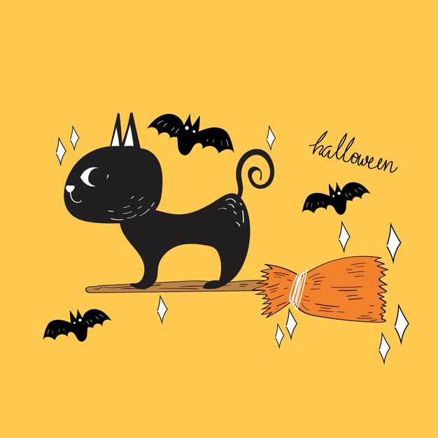 Vecteur De Halloween Chat Noir Et Chauve Souris Doodle Vecteur Premium