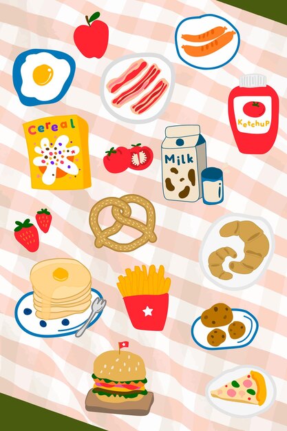 Vecteur de jeu d'autocollants de doodle de nourriture mignonne