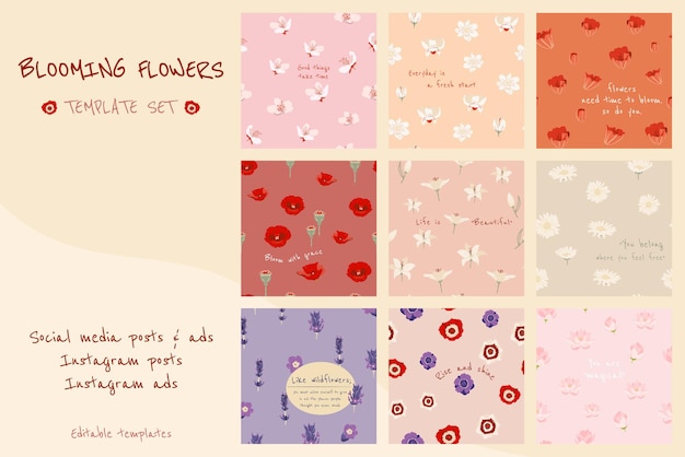 Vecteur De Modèle Esthétique Floral Modifiable Pour Les Publications Sur Les Réseaux Sociaux Avec Une Collection De Citations Inspirantes