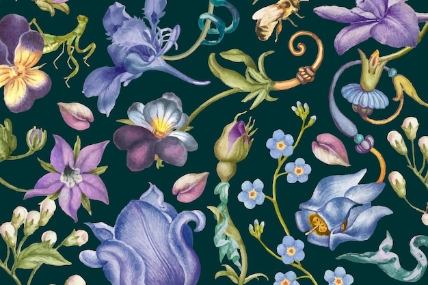 Vecteur de motif floral violet esthétique sur fond sombre, remixé à partir d'œuvres de Pierre-Joseph Redouté