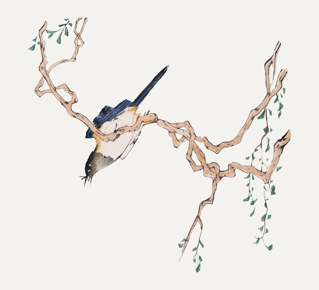 Vecteur d'oiseau perché sur une illustration d'arbre, remixé à partir d'œuvres d'art de Hu Zhengyan