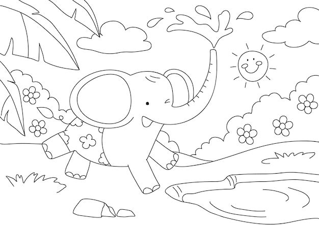 Vecteur gratuit vecteur de page de coloriage d'enfants d'éléphant, conception imprimable vierge pour que les enfants remplissent