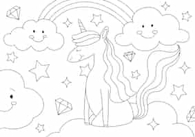 Vecteur gratuit vecteur de page de coloriage d'enfants de licorne, conception imprimable vierge pour que les enfants remplissent