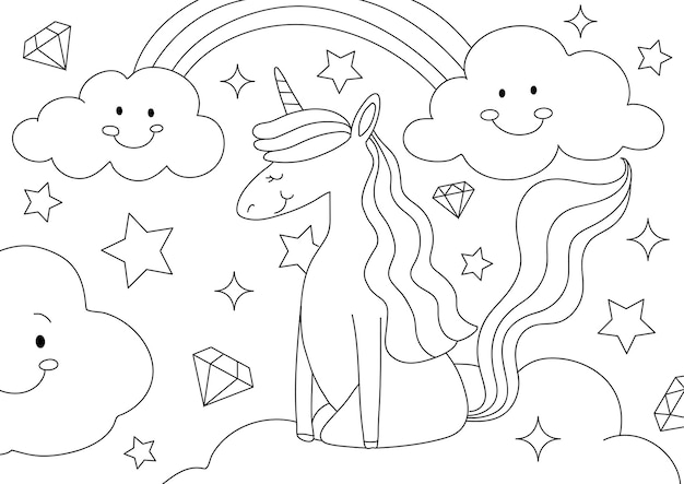 Vecteur de page de coloriage d'enfants de licorne, conception imprimable vierge pour que les enfants remplissent