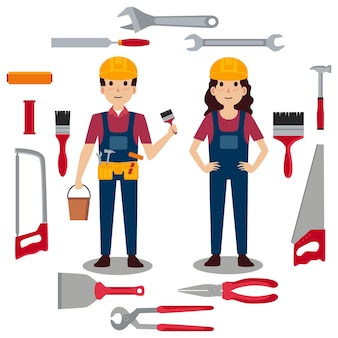 Vecteurs de caractères et outils de construction des employés masculins et féminins de l'industrie ou de la construction