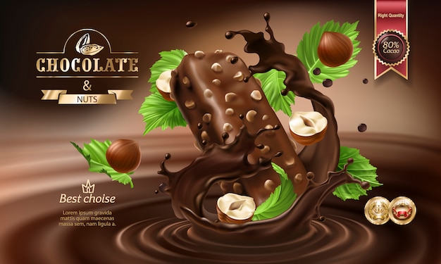 Vecteur gratuit vector 3d éclabousse de chocolat fondu et de lait avec des morceaux de barres de chocolat qui tombent.