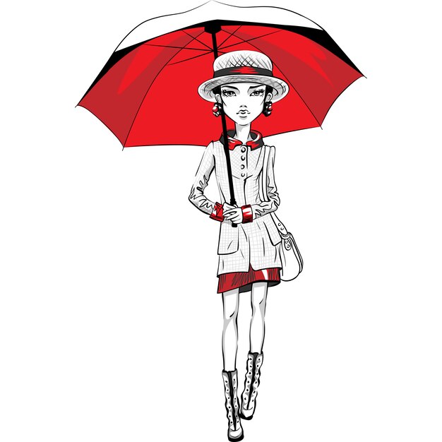 Croquis De Mode Dessin Femme Avec Chapeau Et Cheveux Longs Portant Des Vetements De Mode Illustration Vecteur Premium
