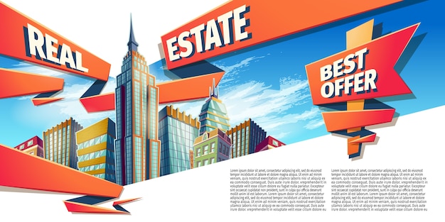 Vector Cartoon Illustration, Banner, Fond Urbain Avec Les Grands Bâtiments Modernes