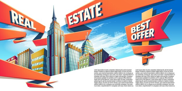 Vector cartoon illustration, banner, fond urbain avec les grands bâtiments modernes