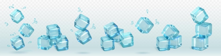 Vecteur gratuit vector de cocktail de cubes de glace isolés réalistes 3d collection de groupes de verre transparent congelé pile de morceaux carrés glaciaires avec goutte composition décorative translucide de bloc d'eau solide congelée