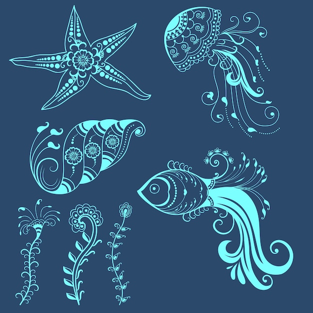 Vecteur gratuit vector des créatures marines abstraites dans le style indien mehndi. résumé de l'illustration vectorielle florale du henné. élément de conception.