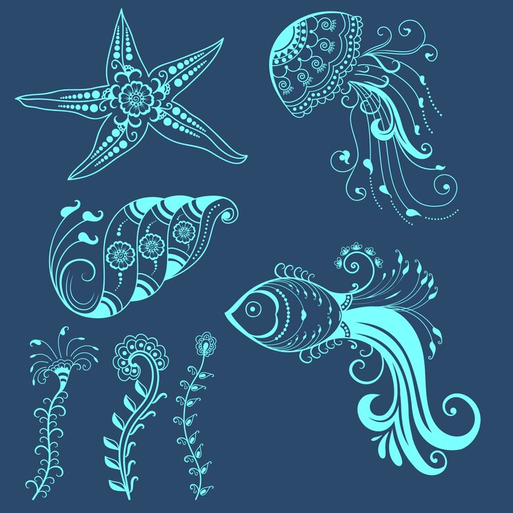Vector des créatures marines abstraites dans le style indien Mehndi. Résumé de l&#39;illustration vectorielle florale du henné. Élément de conception.