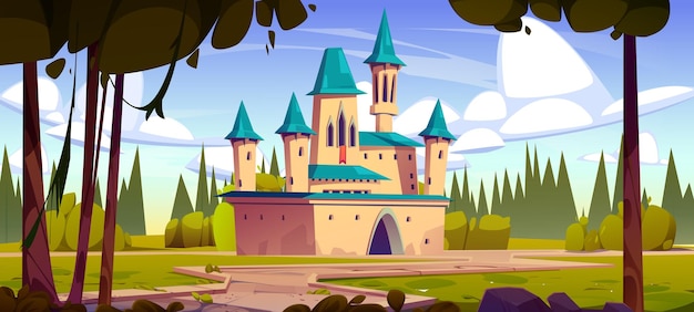 Vecteur gratuit vector de dessins animés de châteaux médiévaux magiques de contes de fées