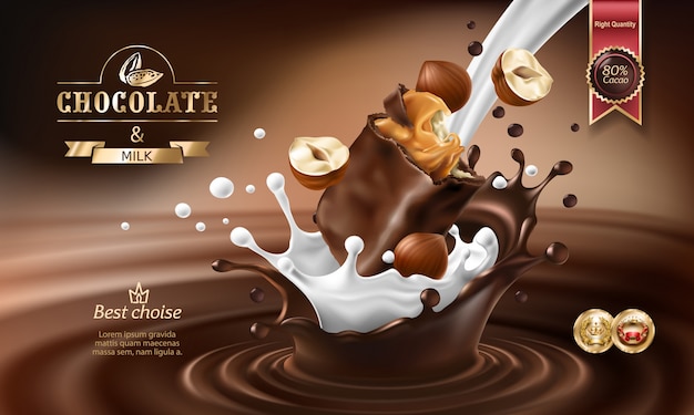 Vector éclaboussures 3D de chocolat fondu et de lait avec un morceau de chocolat en chocolat.