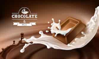 Vecteur gratuit vector des éclaboussures 3d de chocolat fondu et de lait avec des morceaux de chocolat.