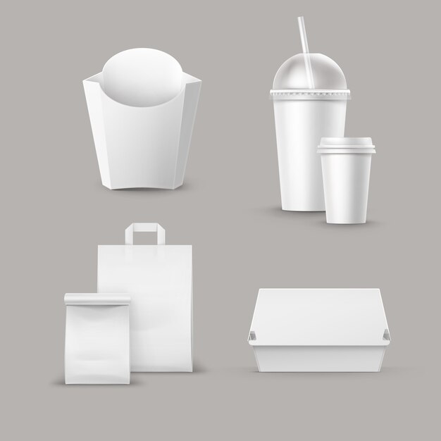 Vector Fast Food Package Set of Realistic Carton Hamburger Classic Burger Container Pommes de terre Frites dans une boîte blanche Tasse en carton vierge pour boissons avec papier de paille Sac à lunch à emporter avec poignée.