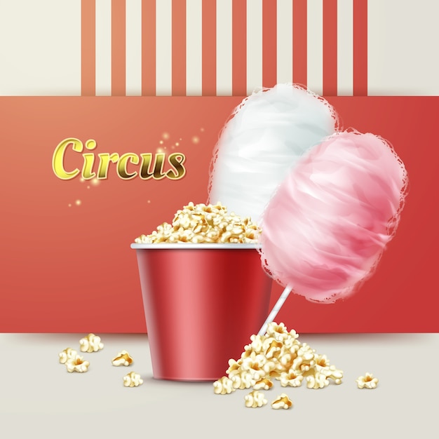 Vecteur gratuit vector grand bol rouge de pop-corn avec barbe à papa rose, blanc et signe de cirque