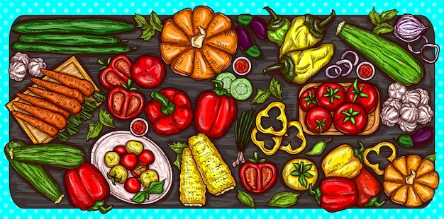 Vecteur gratuit vector illustration de bande dessinée de divers légumes entiers et tranchés sur un fond en bois.