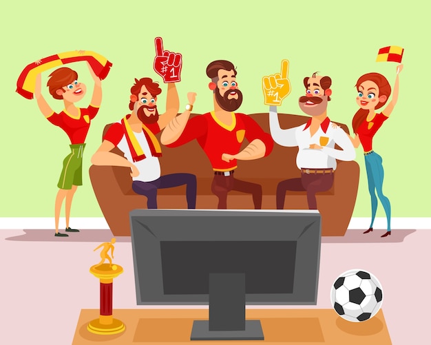 Vector Illustration De Bande Dessinée D'un Groupe D'amis Regardant Un Match De Football à La Télé