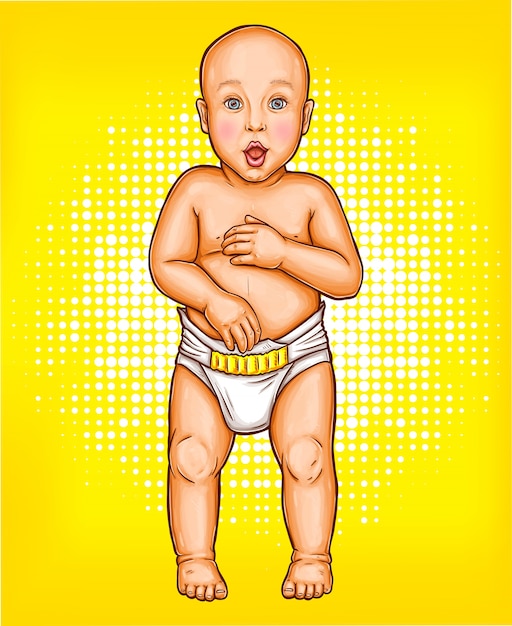 Vecteur gratuit vector illustration pop art d'un bébé surpris avec bouche ouverte dans une couche