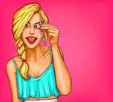 Vecteur gratuit vector illustration pop art d'une belle jeune femme jouant avec un spinner faché.